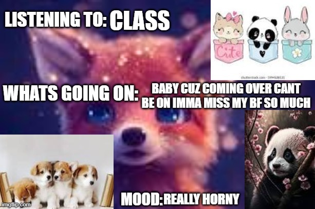 cute | CLASS; BABY CUZ COMING OVER CANT BE ON IMMA MISS MY BF SO MUCH; REALLY HORNY | image tagged in cute | made w/ Imgflip meme maker