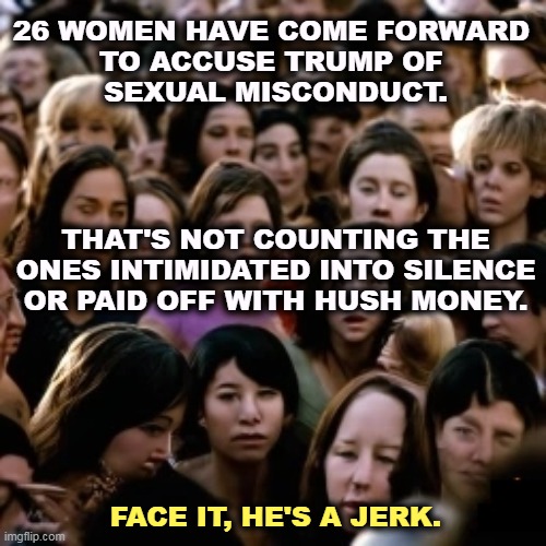 What do all these women have in common? | 26 WOMEN HAVE COME FORWARD 
TO ACCUSE TRUMP OF 
SEXUAL MISCONDUCT. THAT'S NOT COUNTING THE ONES INTIMIDATED INTO SILENCE OR PAID OFF WITH HUSH MONEY. FACE IT, HE'S A JERK. | image tagged in trump,sexual assault,sexual harassment,jerk,women | made w/ Imgflip meme maker