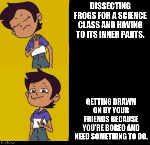 The owl house drake | DISSECTING FROGS FOR A SCIENCE CLASS AND HAVING TO ITS INNER PARTS. GETTING DRAWN ON BY YOUR FRIENDS BECAUSE YOU'RE BORED AND NEED SOMETHING TO DO. | image tagged in the owl house drake | made w/ Imgflip meme maker