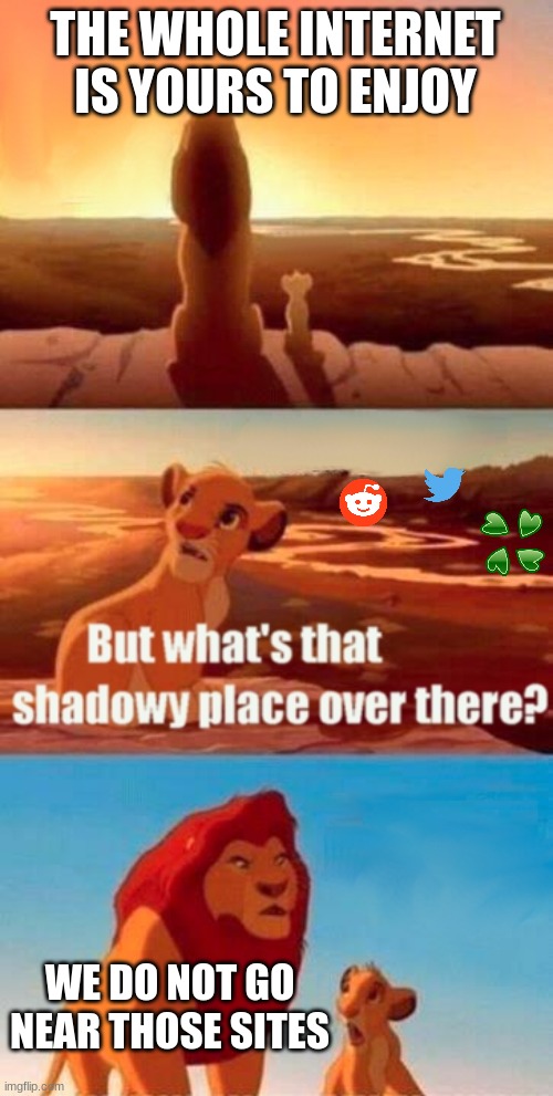 Ctrl + Alt + Del My Eyes | THE WHOLE INTERNET IS YOURS TO ENJOY; WE DO NOT GO NEAR THOSE SITES | image tagged in memes,simba shadowy place,twitter,reddit | made w/ Imgflip meme maker