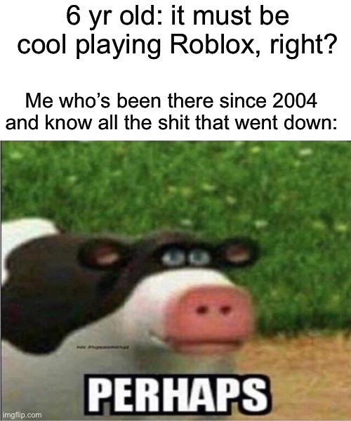 Perhaps Cow | 6 yr old: it must be cool playing Roblox, right? Me who’s been there since 2004 and know all the shit that went down: | image tagged in perhaps cow | made w/ Imgflip meme maker