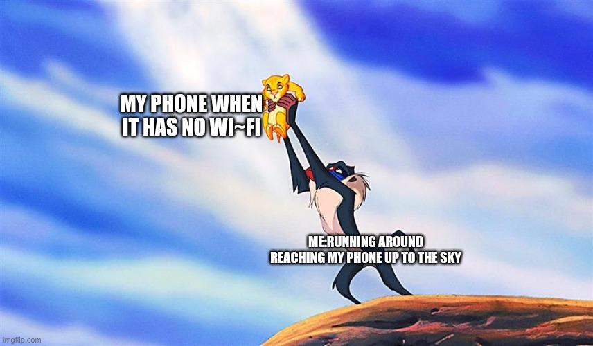 IVE BROKEN A WINDOW BEFORE | MY PHONE WHEN IT HAS NO WI~FI; ME:RUNNING AROUND REACHING MY PHONE UP TO THE SKY | image tagged in lion king rafiki simba,wifi | made w/ Imgflip meme maker