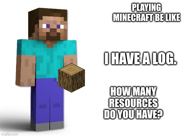 PLAYING MINECRAFT BE LIKE; I HAVE A LOG. HOW MANY RESOURCES DO YOU HAVE? | image tagged in minecraft,minecraft steve | made w/ Imgflip meme maker