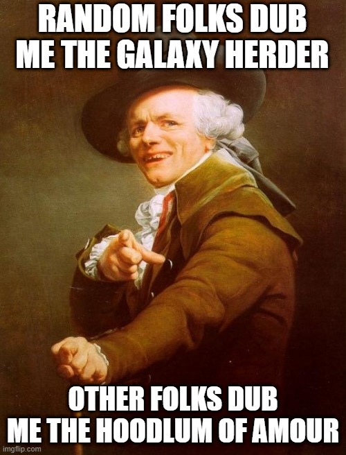 I'm a Joker... | RANDOM FOLKS DUB ME THE GALAXY HERDER; OTHER FOLKS DUB ME THE HOODLUM OF AMOUR | image tagged in memes,joseph ducreux | made w/ Imgflip meme maker