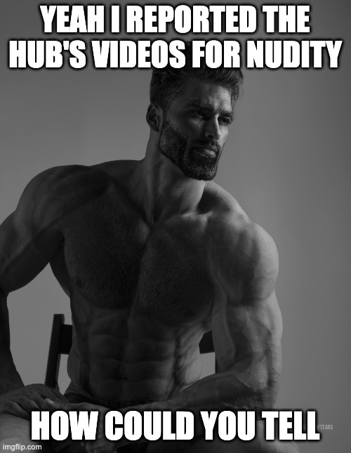 Giga Chad | YEAH I REPORTED THE HUB'S VIDEOS FOR NUDITY HOW COULD YOU TELL | image tagged in giga chad | made w/ Imgflip meme maker