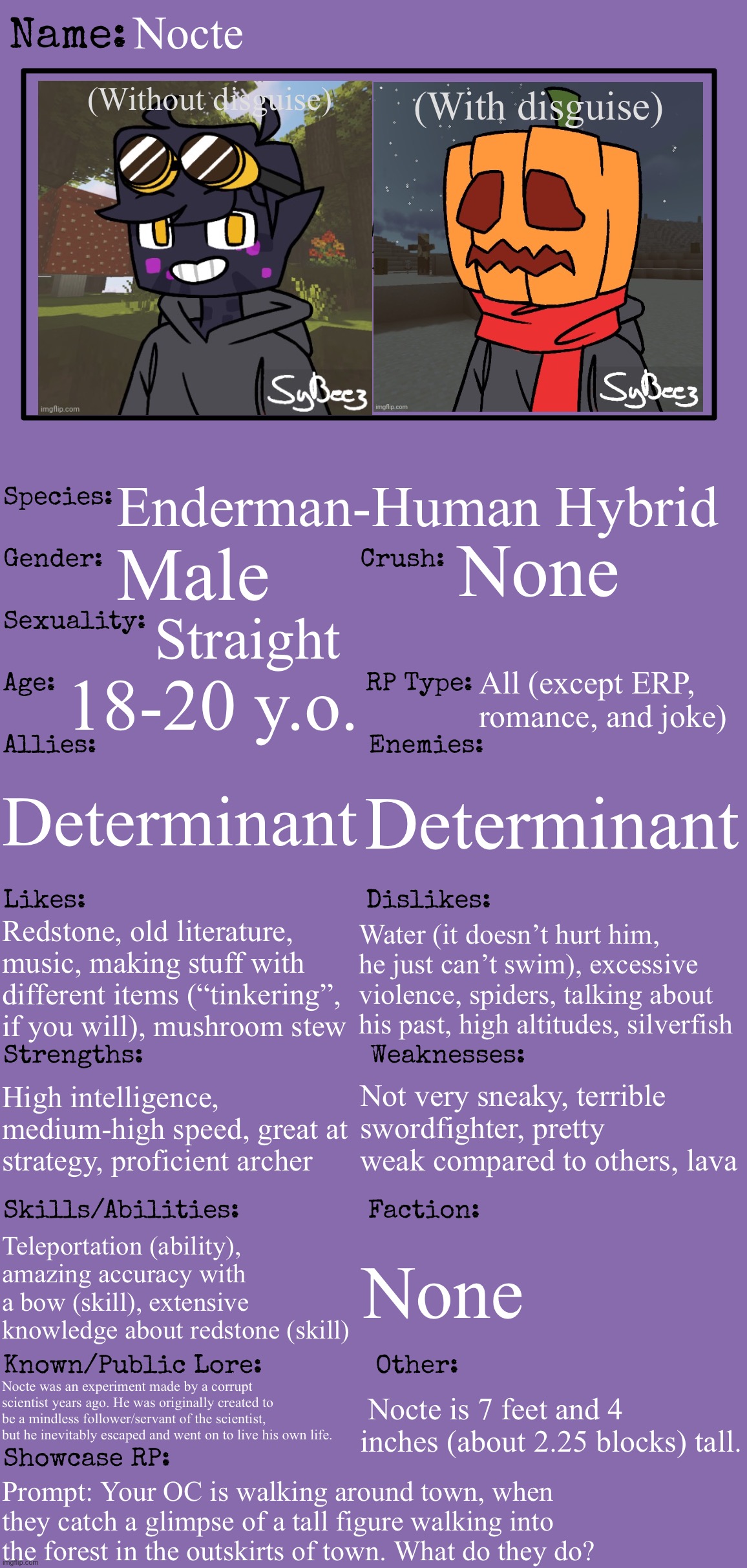 A remake of a roleplay I did a while back. Old version: imgflip.com/i/6jdjuc | Nocte; (With disguise); (Without disguise); Enderman-Human Hybrid; None; Male; Straight; 18-20 y.o. All (except ERP, romance, and joke); Determinant; Determinant; Redstone, old literature, music, making stuff with different items (“tinkering”, if you will), mushroom stew; Water (it doesn’t hurt him, he just can’t swim), excessive violence, spiders, talking about his past, high altitudes, silverfish; Not very sneaky, terrible swordfighter, pretty weak compared to others, lava; High intelligence, medium-high speed, great at strategy, proficient archer; None; Teleportation (ability), amazing accuracy with a bow (skill), extensive knowledge about redstone (skill); Nocte was an experiment made by a corrupt scientist years ago. He was originally created to be a mindless follower/servant of the scientist, but he inevitably escaped and went on to live his own life. Nocte is 7 feet and 4 inches (about 2.25 blocks) tall. Prompt: Your OC is walking around town, when they catch a glimpse of a tall figure walking into the forest in the outskirts of town. What do they do? | image tagged in some enderman dude idk,minecraft,minecraft ocs recommended | made w/ Imgflip meme maker