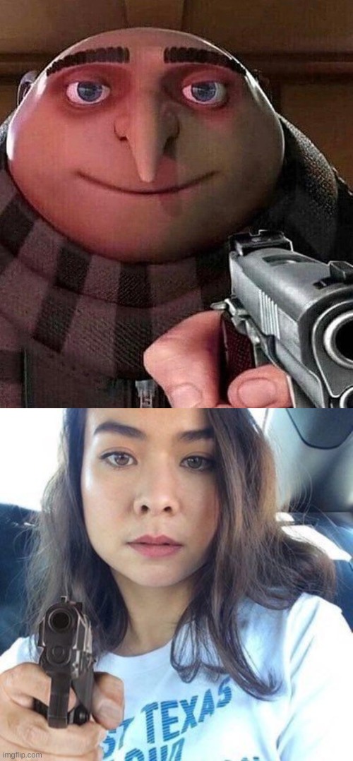 image tagged in gru holding a gun,mitski holding gun | made w/ Imgflip meme maker