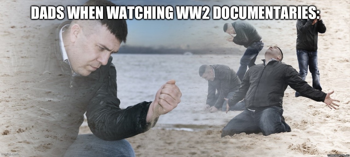 Why are they like this? | DADS WHEN WATCHING WW2 DOCUMENTARIES: | image tagged in guy with sand in the hands of despair | made w/ Imgflip meme maker