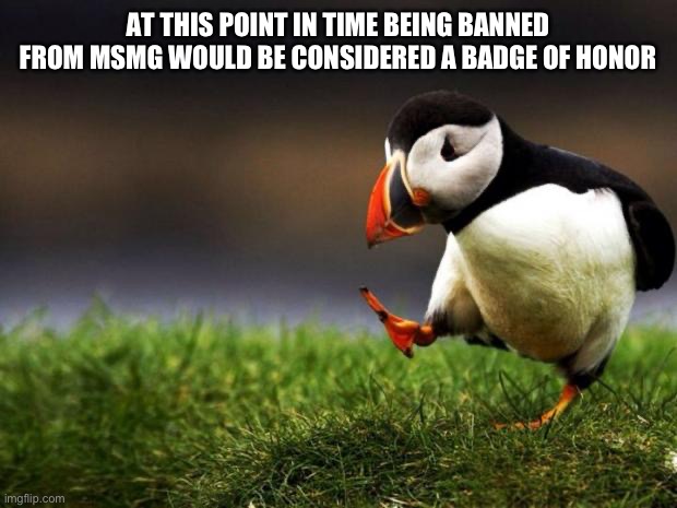 Unpopular Opinion Puffin Meme | AT THIS POINT IN TIME BEING BANNED FROM MSMG WOULD BE CONSIDERED A BADGE OF HONOR | image tagged in memes,unpopular opinion puffin | made w/ Imgflip meme maker