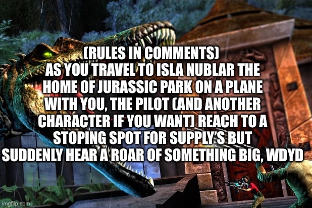 Jurassic park roleplay because I’m bored | (RULES IN COMMENTS) 
AS YOU TRAVEL TO ISLA NUBLAR THE HOME OF JURASSIC PARK ON A PLANE WITH YOU, THE PILOT (AND ANOTHER CHARACTER IF YOU WANT) REACH TO A STOPING SPOT FOR SUPPLY’S BUT SUDDENLY HEAR A ROAR OF SOMETHING BIG, WDYD | image tagged in jurassic park,roleplaying,dinosaurs | made w/ Imgflip meme maker