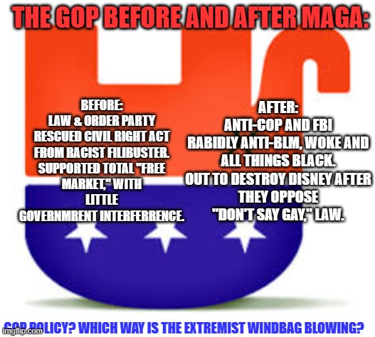 They used to stand for something. Now they fall for anything! | THE GOP BEFORE AND AFTER MAGA:; AFTER:
ANTI-COP AND FBI

RABIDLY ANTI-BLM, WOKE AND ALL THINGS BLACK.

OUT TO DESTROY DISNEY AFTER THEY OPPOSE "DON'T SAY GAY," LAW. BEFORE:
LAW & ORDER PARTY

RESCUED CIVIL RIGHT ACT FROM RACIST FILIBUSTER.

SUPPORTED TOTAL "FREE MARKET," WITH LITTLE GOVERNMRENT INTERFERRENCE. GOP POLICY? WHICH WAY IS THE EXTREMIST WINDBAG BLOWING? | image tagged in upside down gop | made w/ Imgflip meme maker