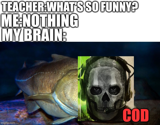 COD | TEACHER:WHAT'S SO FUNNY? ME:NOTHING; MY BRAIN:; COD | image tagged in cod,call of duty,my brain | made w/ Imgflip meme maker