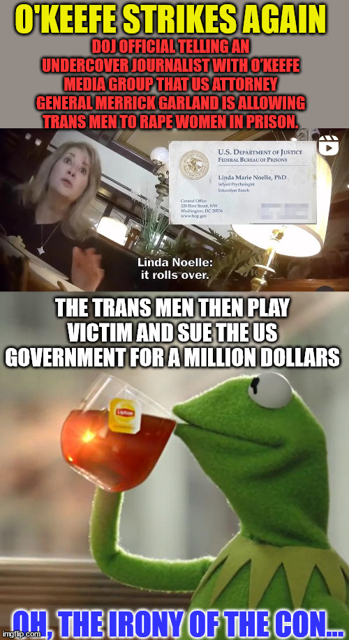 The irony of the con... | DOJ OFFICIAL TELLING AN UNDERCOVER JOURNALIST WITH O’KEEFE MEDIA GROUP THAT US ATTORNEY GENERAL MERRICK GARLAND IS ALLOWING TRANS MEN TO RAPE WOMEN IN PRISON. O'KEEFE STRIKES AGAIN; THE TRANS MEN THEN PLAY VICTIM AND SUE THE US GOVERNMENT FOR A MILLION DOLLARS; OH, THE IRONY OF THE CON... | image tagged in memes,but that's none of my business,con man,stupid,biden,admin | made w/ Imgflip meme maker