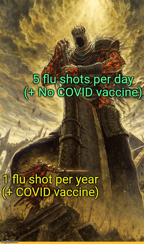 . | 5 flu shots per day
(+ No COVID vaccine); 1 flu shot per year
(+ COVID vaccine) | image tagged in reptilian society | made w/ Imgflip meme maker