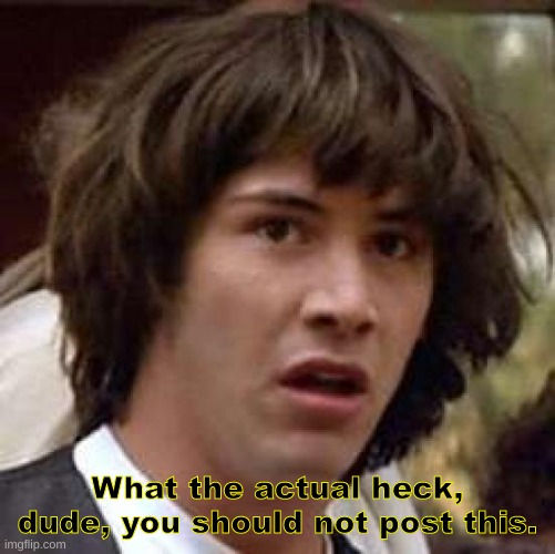 Conspiracy Keanu Meme | What the actual heck, dude, you should not post this. | image tagged in memes,conspiracy keanu | made w/ Imgflip meme maker