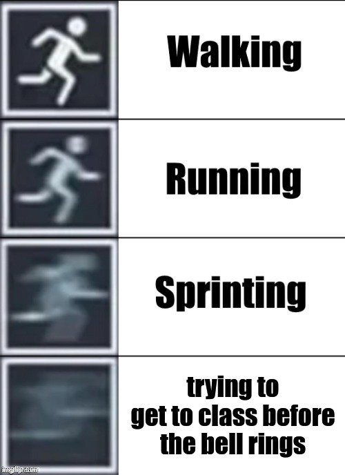 E | trying to get to class before the bell rings | image tagged in very fast | made w/ Imgflip meme maker