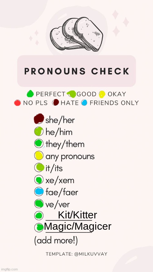 pronoun check | Kit/Kitter
Magic/Magicer | image tagged in pronoun check | made w/ Imgflip meme maker