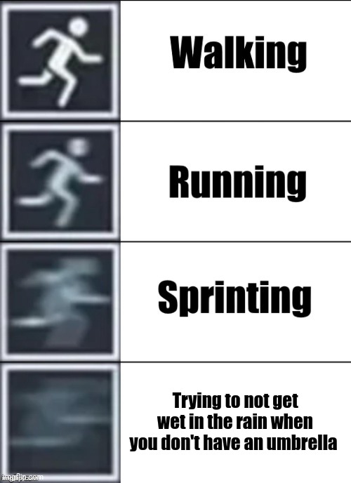 Runnnnnnnn | Trying to not get wet in the rain when you don't have an umbrella | image tagged in very fast,rain,weather,walking running sprinting,speed | made w/ Imgflip meme maker