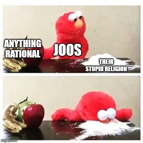 elmo cocaine | ANYTHING RATIONAL; JOOS; THEIR STUPID RELIGION | image tagged in elmo cocaine | made w/ Imgflip meme maker