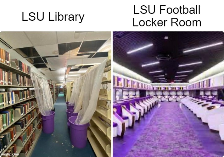 Education is our TOP priority! | LSU Football Locker Room; LSU Library | image tagged in football,education,lies | made w/ Imgflip meme maker