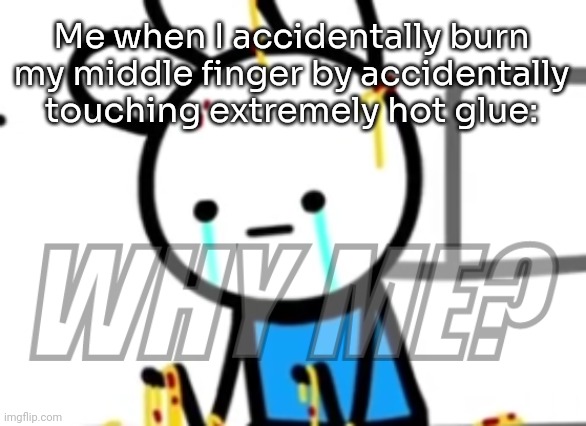 It hurts...a lot- | Me when I accidentally burn my middle finger by accidentally touching extremely hot glue: | image tagged in why me,idk,stuff,s o u p,carck | made w/ Imgflip meme maker