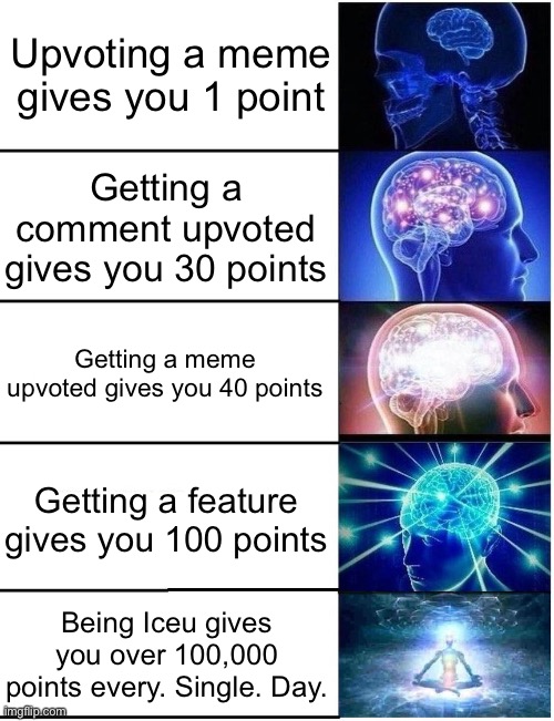 Meme #1,013 | Upvoting a meme gives you 1 point; Getting a comment upvoted gives you 30 points; Getting a meme upvoted gives you 40 points; Getting a feature gives you 100 points; Being Iceu gives you over 100,000 points every. Single. Day. | image tagged in expanding brain 5 panel,imgflip,points,imgflip points,iceu,upvotes | made w/ Imgflip meme maker