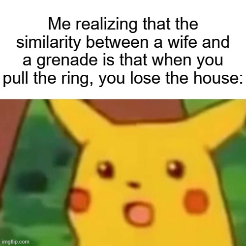 ok | Me realizing that the similarity between a wife and a grenade is that when you pull the ring, you lose the house: | image tagged in memes,surprised pikachu,funny,wtf,oh wow are you actually reading these tags | made w/ Imgflip meme maker