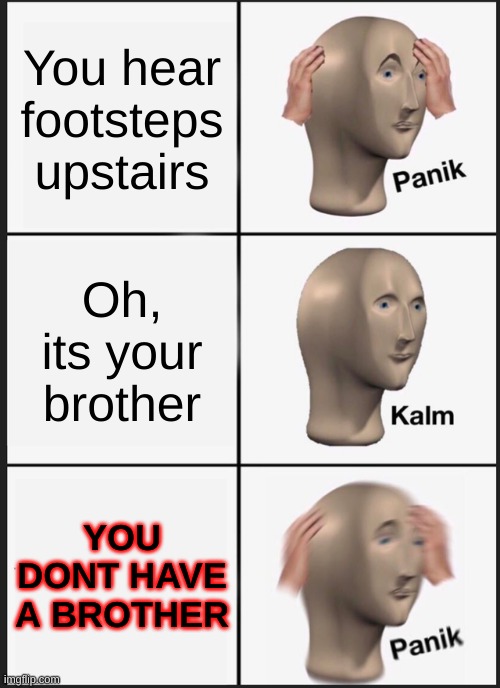 AHHHHHHH | You hear footsteps upstairs; Oh, its your brother; YOU DONT HAVE A BROTHER | image tagged in memes,panik kalm panik | made w/ Imgflip meme maker