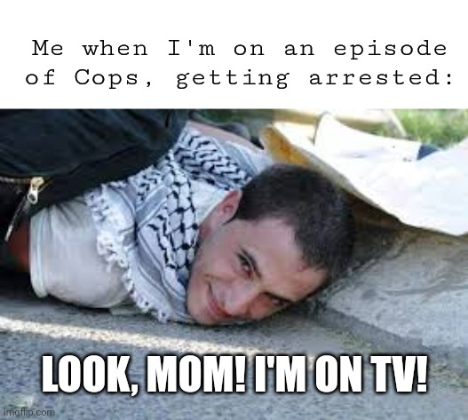 Me when I'm on an episode of Cops, getting arrested:; LOOK, MOM! I'M ON TV! | image tagged in arrested,cops | made w/ Imgflip meme maker