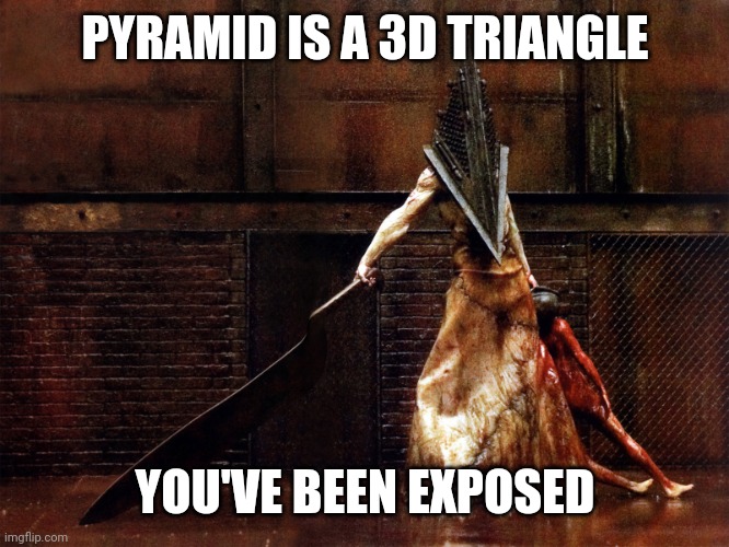 pyramid head | PYRAMID IS A 3D TRIANGLE YOU'VE BEEN EXPOSED | image tagged in pyramid head | made w/ Imgflip meme maker