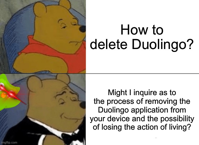 Be careful people, Duolingo is watching...E V E R Y  A C T I O N  Y O U  D O | How to delete Duolingo? Might I inquire as to the process of removing the Duolingo application from your device and the possibility of losing the action of living? | image tagged in memes,tuxedo winnie the pooh | made w/ Imgflip meme maker