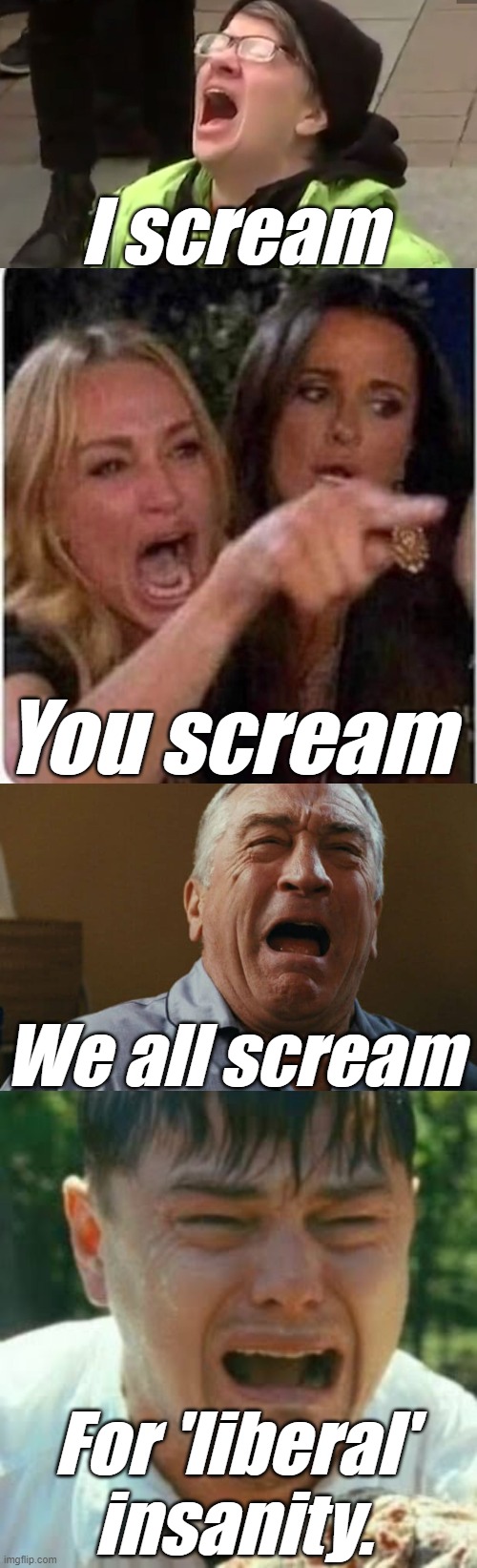 I scream You scream We all scream For 'liberal' insanity. | image tagged in screaming liberal,lady screams at cat,deniro crying,crybaby liberal leonardo | made w/ Imgflip meme maker