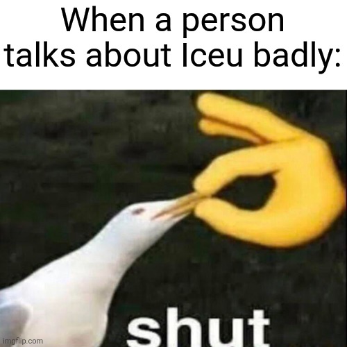 We don't talk badly to "bruno" | When a person talks about Iceu badly: | image tagged in shut | made w/ Imgflip meme maker