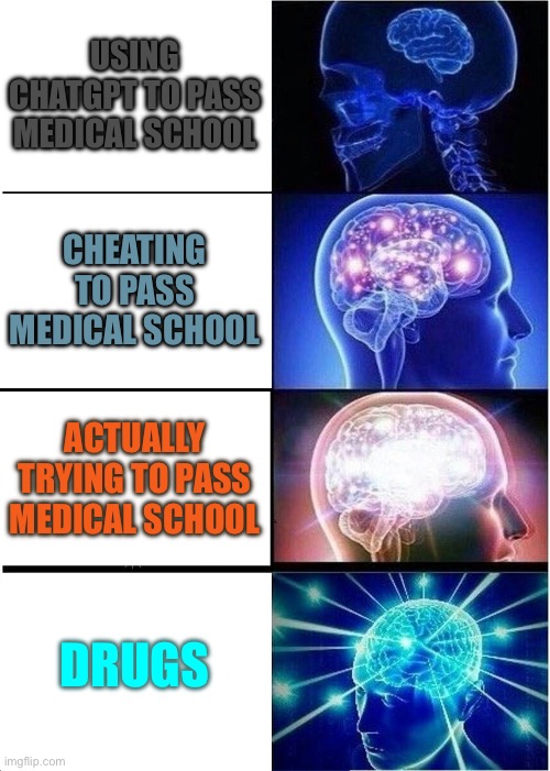 Expanding Brain Meme | USING CHATGPT TO PASS MEDICAL SCHOOL; CHEATING TO PASS MEDICAL SCHOOL; ACTUALLY TRYING TO PASS MEDICAL SCHOOL; DRUGS | image tagged in memes,expanding brain | made w/ Imgflip meme maker