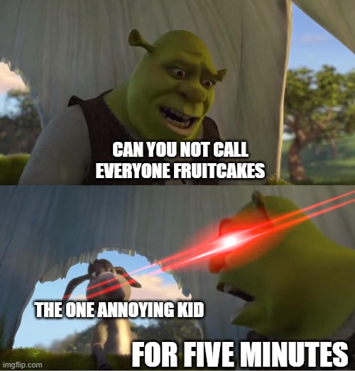 Shrek For Five Minutes | CAN YOU NOT CALL EVERYONE FRUITCAKES; THE ONE ANNOYING KID; FOR FIVE MINUTES | image tagged in shrek for five minutes | made w/ Imgflip meme maker