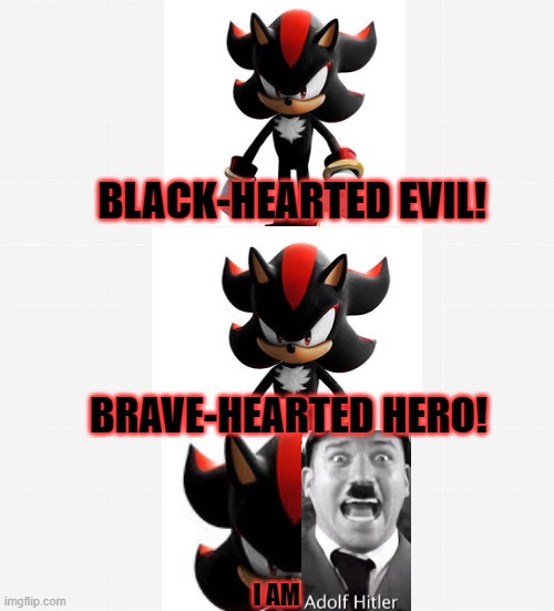 every shadow fan MUST understand this | BLACK-HEARTED EVIL! BRAVE-HEARTED HERO! I AM | image tagged in shadow the hedgehog,sonic the hedgehog,adolf hitler | made w/ Imgflip meme maker