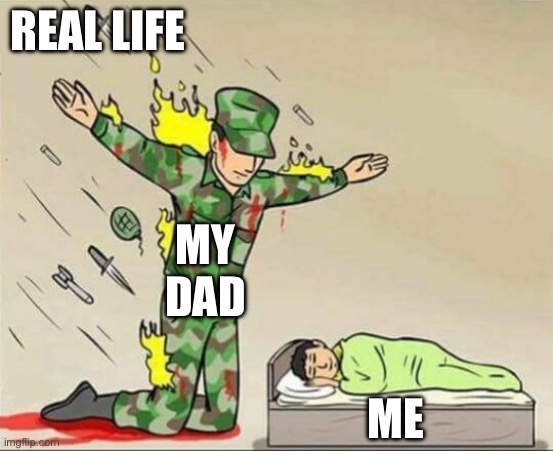 Hi | REAL LIFE; MY DAD; ME | image tagged in soldier protecting sleeping child | made w/ Imgflip meme maker