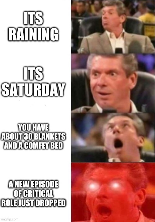 YES. YES. YES. YEEEEEEEEEEEEEEEEEEEEEEEEEEEEEEEEEEEEEEEEEES! | ITS RAINING; ITS SATURDAY; YOU HAVE ABOUT 30 BLANKETS AND A COMFEY BED; A NEW EPISODE OF CRITICAL ROLE JUST DROPPED | image tagged in mr mcmahon reaction,dnd | made w/ Imgflip meme maker