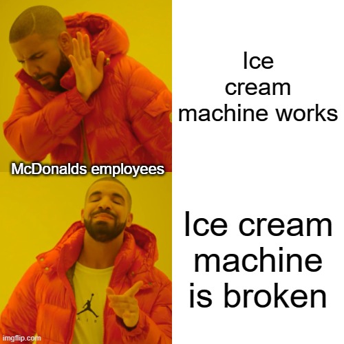 Drake Hotline Bling | Ice cream machine works; McDonalds employees; Ice cream machine is broken | image tagged in memes,drake hotline bling,mcdonalds,ice cream | made w/ Imgflip meme maker