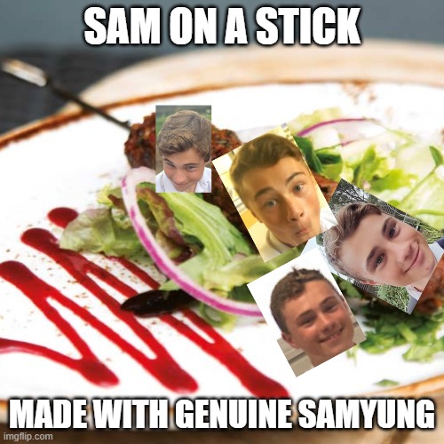 Sam Young on a Stick | SAM ON A STICK; MADE WITH GENUINE SAMYUNG | image tagged in sam young internet reset,sam young nutella,samyung,nerd,sam,young | made w/ Imgflip meme maker