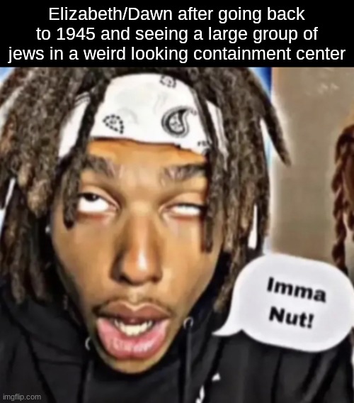 Imma Nut! | Elizabeth/Dawn after going back to 1945 and seeing a large group of jews in a weird looking containment center | image tagged in imma nut | made w/ Imgflip meme maker