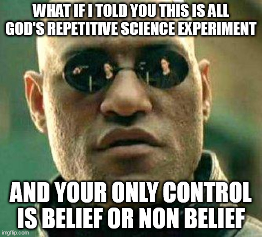 So do you? | WHAT IF I TOLD YOU THIS IS ALL GOD'S REPETITIVE SCIENCE EXPERIMENT; AND YOUR ONLY CONTROL IS BELIEF OR NON BELIEF | image tagged in what if i told you,choices,good vs evil | made w/ Imgflip meme maker