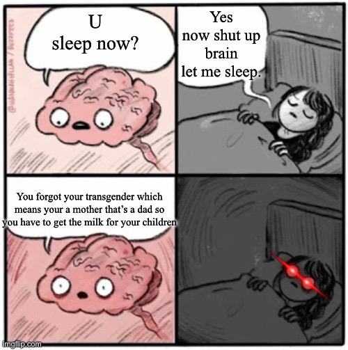 What? | Yes now shut up brain let me sleep. U sleep now? You forgot your transgender which means your a mother that’s a dad so you have to get the milk for your children | image tagged in brain before sleep,transgender,funny memes,memes,milk | made w/ Imgflip meme maker
