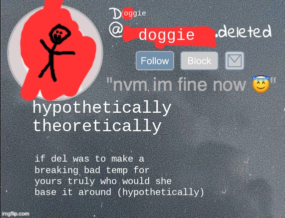 character (who am I like / who would be funny) | hypothetically theoretically; if del was to make a breaking bad temp for yours truly who would she base it around (hypothetically) | image tagged in del real 2 5 | made w/ Imgflip meme maker