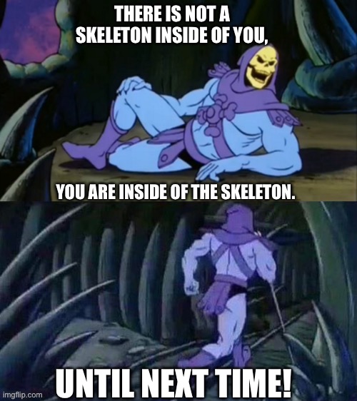 Skeletor disturbing facts | THERE IS NOT A SKELETON INSIDE OF YOU, YOU ARE INSIDE OF THE SKELETON. UNTIL NEXT TIME! | image tagged in skeletor disturbing facts | made w/ Imgflip meme maker