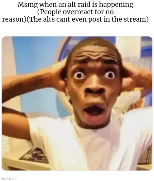 Black guy suprised | Msmg when an alt raid is happening (People overreact for no reason)(The alts cant even post in the stream) | image tagged in black guy suprised | made w/ Imgflip meme maker