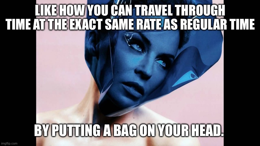 Kylie face bag | LIKE HOW YOU CAN TRAVEL THROUGH TIME AT THE EXACT SAME RATE AS REGULAR TIME BY PUTTING A BAG ON YOUR HEAD. | image tagged in kylie face bag | made w/ Imgflip meme maker