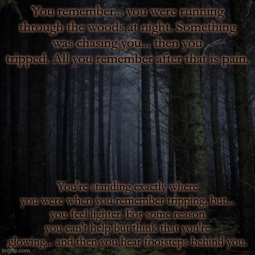 This is a little creepier than I usually do. Trigger warning for blood, gore, and lots of gross dead people. | You remember... you were running through the woods at night. Something was chasing you... then you tripped. All you remember after that is pain. You're standing exactly where you were when you remember tripping, but... you feel lighter. For some reason you can't help but think that you're glowing... and then you hear footsteps behind you. | image tagged in dark forest | made w/ Imgflip meme maker