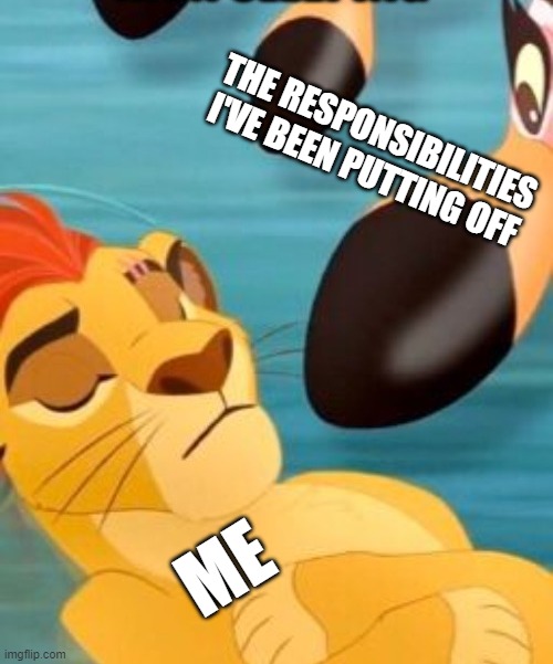 Kion sleeping for no reason | THE RESPONSIBILITIES I'VE BEEN PUTTING OFF; ME | image tagged in kion sleeping for no reason | made w/ Imgflip meme maker