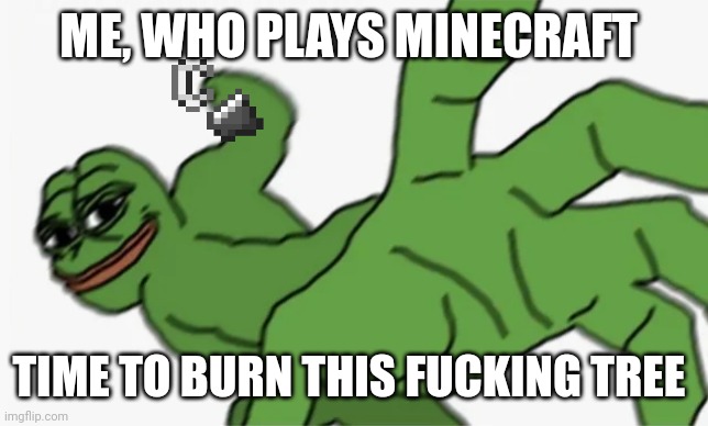 pepe punch | ME, WHO PLAYS MINECRAFT TIME TO BURN THIS FUCKING TREE | image tagged in pepe punch | made w/ Imgflip meme maker